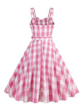 Ladies Pink and White Plaid Retro Dresses for Women Spaghetti Strap 50s Pinup Party Rockabilly Vintage Clothes