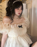 Summer Chiffon Bow Sweet Women Puff Sleeve Princess Korean Lace Fit Party Blouse