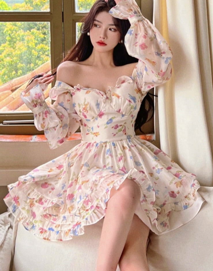 Summer Chiffon Lace Floral Fairy Korean Hem Lace Mesh Sweet Ruffle Flounce Elegant Dress