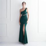 Slash Neck Long Black Women One Shoulder Party Maxi Dress Soft Satin Sexy Slit Evening Dress