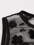 Floral Embroidered Mesh Overlay Elegant High Waist Black Dresses for Women Sleeveless A Line Party Summer Dress
