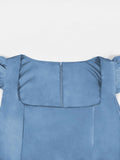 Square Neck High Waist Vintage Blue Pleated Dresses Ruffle Sleeve Elegant Women Spring Summer Long Dress