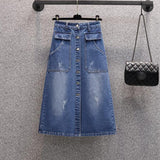 Summer Women Long Jeans Skirt Button Cargo Maxi Skirt High Waist A-Line Midi Denim Skirt