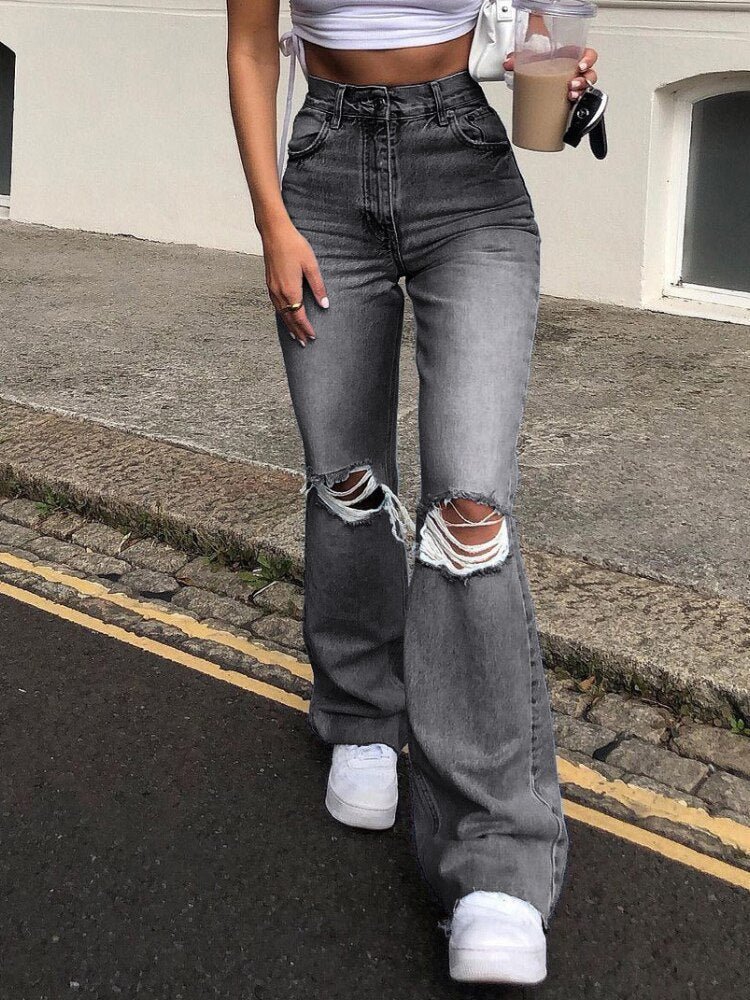 Retro Ripped Flared High Waist Wide Legs Loose Jeans Casual Slim Pants with Pockets
