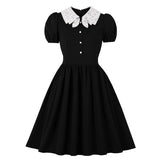 Black Kawaii Dress Tunic Midi Robe Femme Lace Collar Patchwork  High Waist 50s 60s Swing Pin Up Rockabilly Vintage Chic Dress