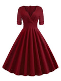 Sexy V-Neck High Waist Cotton Dresses for Women Autumn Half Sleeve Solid Plain Retro Vintage Party Midi Dress
