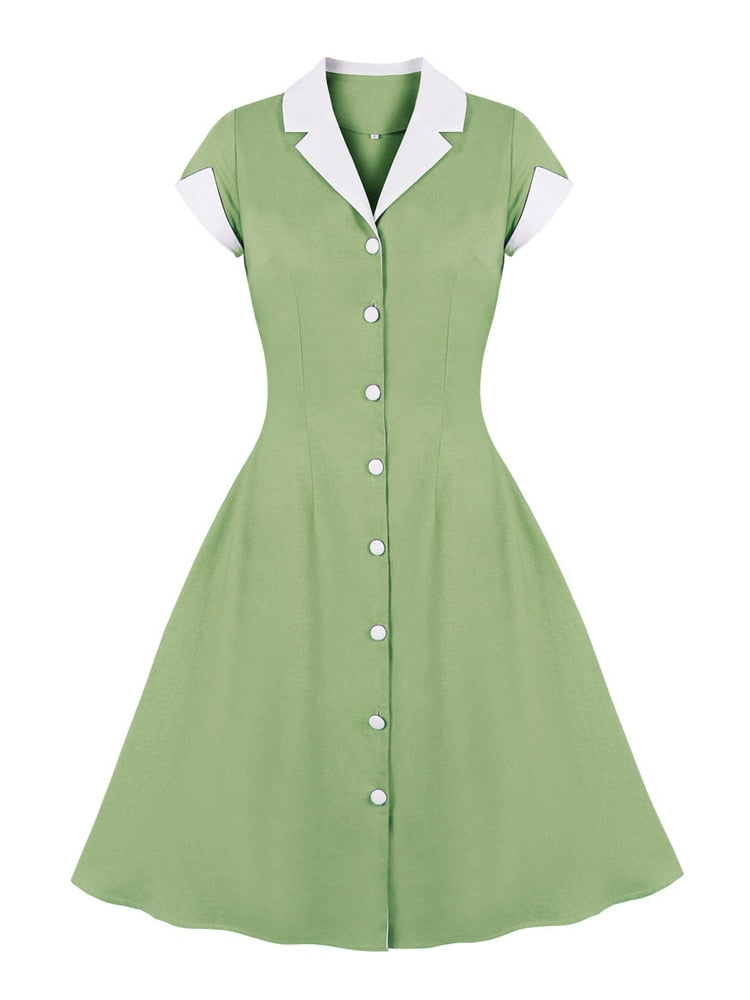 Contrast Collar and Cuff Green A-Line Summer Short Sleeve Women Single Breasted Cotton Vintage Robes Dress