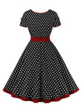 Contrast Binding Women One Button Front Polka Dot Rockabilly Dress Short Sleeve Cotton Patchwork Vintage Long Dress