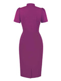 Knot Tie Neck Button Up Purple Vintage 50s Wiggle Dress Women Elegant Short Sleeve Bodycon Solid Summer Dresses