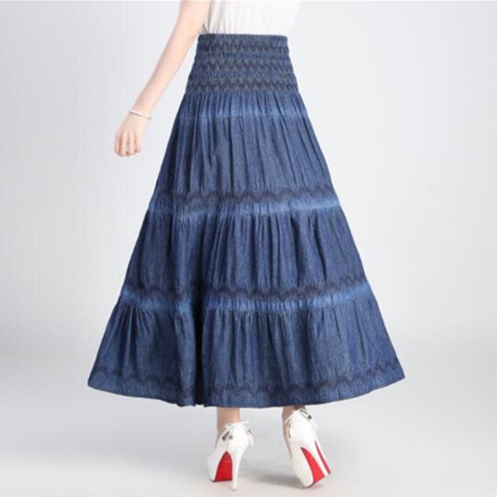 Summer High Waist Long Solid Party Floor-Length Jean Women Denim Pleated Maxi Skirts