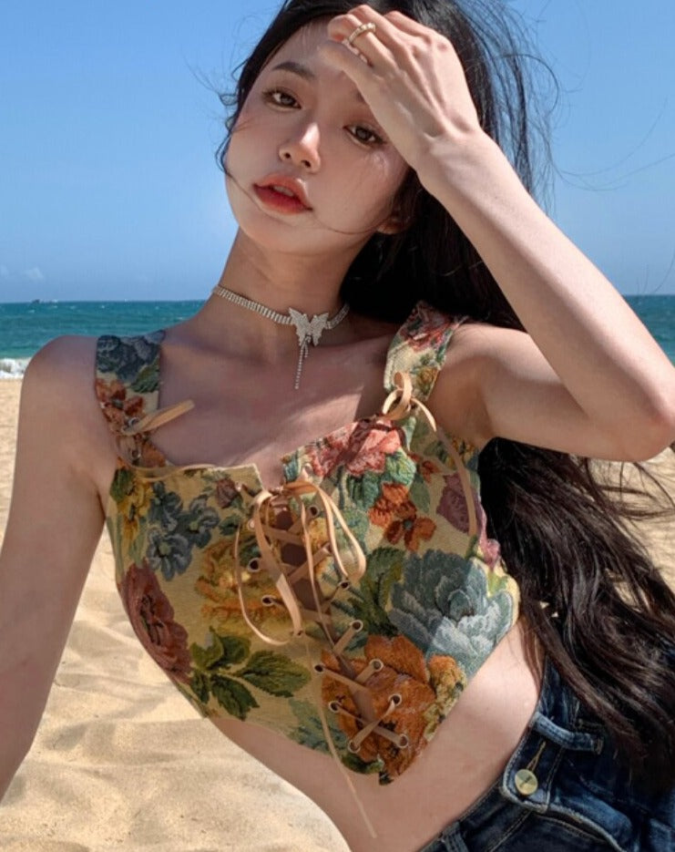 Summer Floral Beach Crop Tops Women Sexy Party Backless Bandage Strap High Street Casual Vintage Chic Boho Top