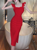 Elegant Summer Spaghetti Strap Sexy Prom Evening Bodycon Midi Dress