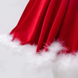 Kids Girls Christmas Santa Costume Mrs Claus Ruffled Mini Skirt High-Waist Belted Fur Trim Velvet Dance Party Mini Rulffe Dress