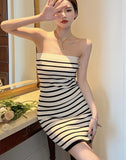 Summer Casual Striped Chest Wrap Sexy Knitting Wrap Slim Fit Elegant Mini Button Dress