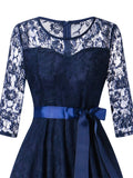 Elegant Lace Dress Women for Party Vintage Clothes 3/4 Length Sleeve Belted A-Line Ladies Swing Dresses