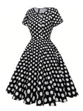 50s Pinup Women Polka Dot Dresses New In Vintage Clothes Peter Pan Collar Buttons Front Summer Black Long Dress