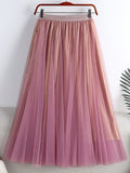 Fashion Women Glitter Lining Tulle Skirt Summer Elastic High Waist Elegant Mesh Midi Skirt