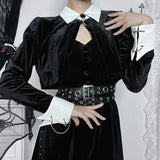 Black Velvet Short Women Goth Vintage Turn Down Collar Button Long Sleeve Jackets Autumn Streetwear Dress