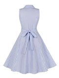 Blue and White Plaid Vintage Dresses for Women Notched Collar Single Breasted Bow Tie Back Elegant A-Line Dress