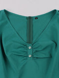 V-Neck Ruched Button Front Sleeveless Women Summer Dress Turquoise Solid Birthday Outfits Ladies Vintage Dresses
