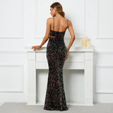 Backless Black Sequin Sexy Bar Long Party Evening Dresses Luxury Velvet Stretch Off Shoulder Cocktail Prom Dress