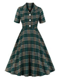 Turn Down Collar Button Up Green Plaid Vintage 50s Robe High Waist Women Party Elegant Knee Length Dress