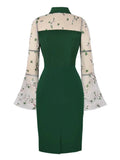 Floral Embroidered Mesh Flare Sleeve Green Bodycon Wiggle Dress Elegant Outfits for Women Keyhole Front Vintage Dresses