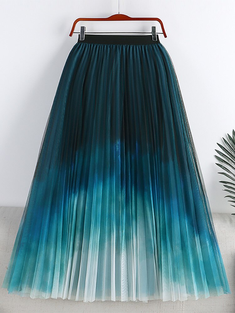Long Gradient Color Tie Dye Print Pleated Skirt Elastic High Waist Casual Tulle Midi Skirt