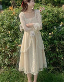 Summer Lace Bandage White Fairy Midi Vintage Patchwork Ruffle Flounce Sweet Korean Elegant Dress