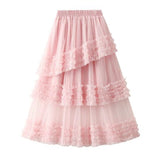 Long Maxi Women Korean Irregular Ruffle High Waist Pleated Skirt Mesh Asymmetrical Tutu Skirt