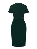 Ruched V-Neck High Waist Bodycon Pencil Dress Office Outfits Women Green Elegant Slim Fit Vintage Dresses