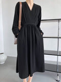 Elegant V-Neck A-Line Long Women Casual Solid Lace-up Dress High Waist Vestidos