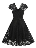 V-Neck Cap Sleeve Black Lace Elegant Dresses Women Vintage Style Clothes Formal Occasion Pleated Swing Dress