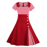 A-Line Striped Vintage Summer Flare Tunic Dress High Waist Buttons Short Sleeve Women Clothing Patchwork 60s Rockabilly Dresses