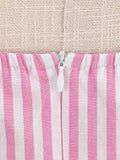 Pink and White Stripes Ruched Front High Waist Cotton Dresses Halter Neck Women Birthday Party Rockabilly Vintage Dress