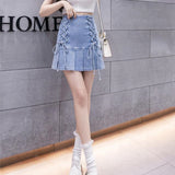 Mermaid Denim Pleated Mini Solid Casual Woman Korean Style High Waist Skirt with Lined