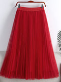 Elegant Tulle Pleated Skirt Summer Women Elastic High Waist Solid Casual Mesh Midi Skirt