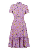 Lavender Bow Tie Neck Button Up Multicolor Print Midi Dresses Women Short Sleeve High Waist Vintage Slim Ruffle Dress