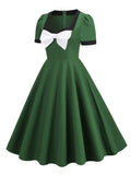 Sweetheart Neck Bow Front Green Elegant Midi Women 1950s Pinup Robe Short Sleeve Cotton Vintage Dress