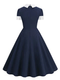 Turn Down Collar Bow Front Navy Blue Summer Dresses for Women Formal Occasion Vintage Style Elegant Dress