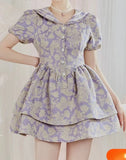 Summer Casual Printing Ruched Sweet Mini Korean Sailor Collar Patchwork Kawaii Vintage Chic Dress