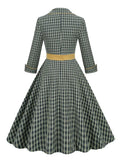 Notched Collar High Waist Belted Elegant Plaid Women Dress 3/4 Length Sleeve Autumn Vintage Pinup Clothes
