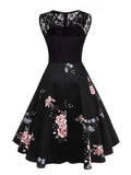 A Line Peony Floral Vintage Dress Women Contrast Lace Elegant Summer Ladies Dresses Retro Party Black