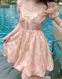 Summer Chiffon Printing Bow Sweet Bandage Backless Kawaii Korean Glitter Cute Mini Dress