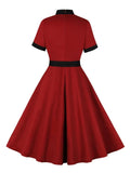 Bow Neck Short Sleeve Retro Cotton Long Dresses for Women Belted Vintage Style Burgundy Elegant Luxury Dress