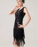 1920s Vintage Gorgeous Sequin Flapper Dress V-Neck Sleeveless Women Cocktail Party Fringe Hem Short Dresses