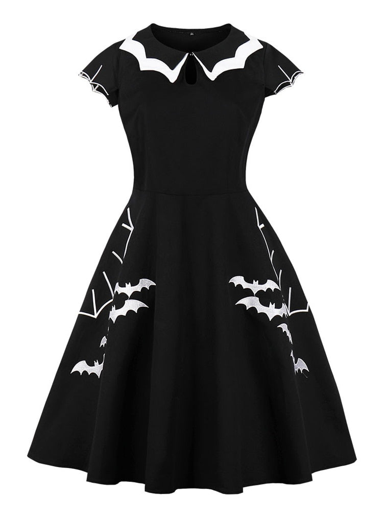 Bat Embroidery Halloween Costumes Party Vintage Dresses for Women Cap Sleeve Keyhole Front Cotton Retro A Line Dress