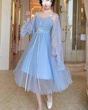 Lace Elegant Fairy French Sash Belt Kawaii Party Midi Sweet Two-piece Set Dress