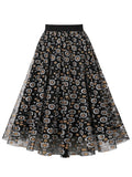 Floral Print Mesh Vintage Midi Skirts for Woman Elastic Waist Elegant Black Pleated A-Line Casual Long Skirt