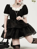 Summer Lace Patchwork Princess Korean Fluffy Sweet Party Mini Puff Sleeve Slim Fairy Dress